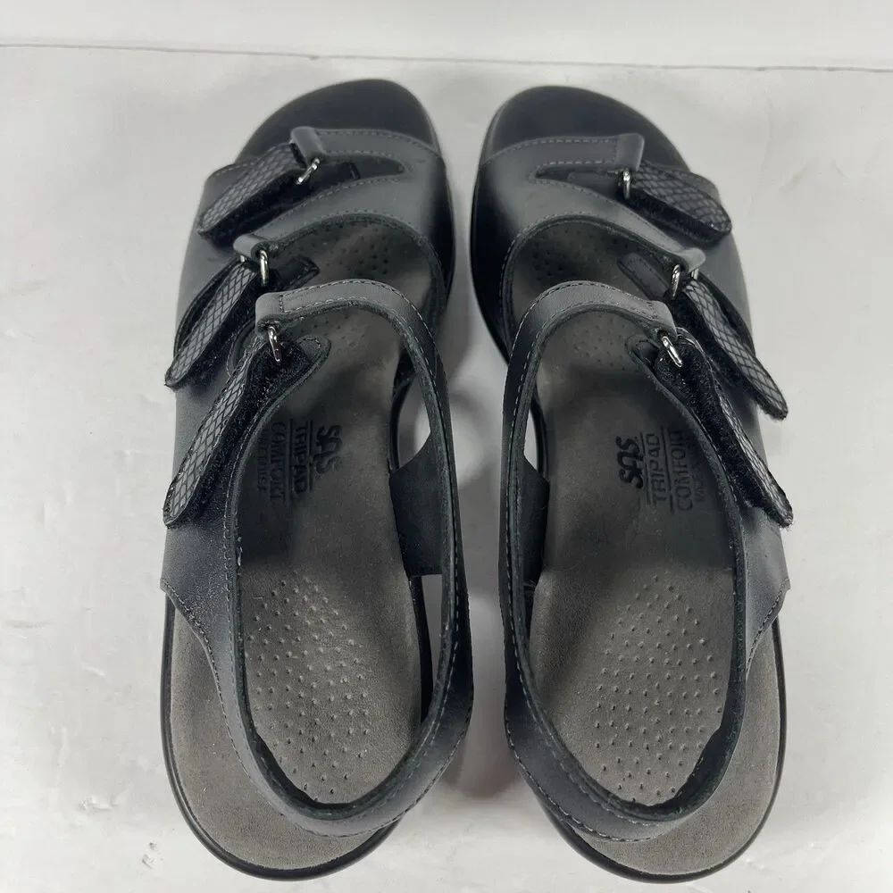 SAS Duo Women’s Black Leather Comfort Sandals Triple Strap Slides Size 8.5